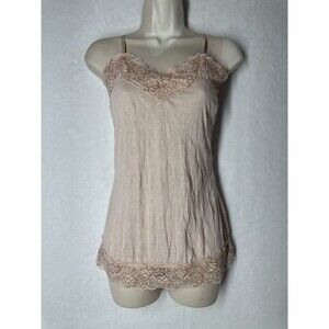 Vtg Vanity Spaghetti Strap Cami Top Rose Gold Pink Lace Trim Crinkle Y2K 90s S